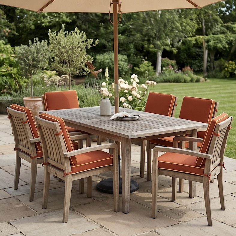 A Singapore outdoor dining set finished with Cushiere cushions in matching Sunbrella fabric, delivered to a customer