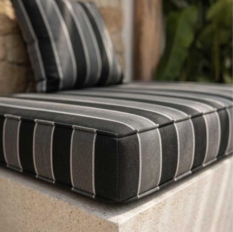 Close-up of a striped outdoor cushion edge